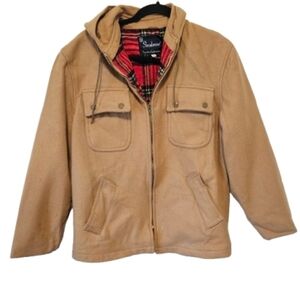 Shanhouse Vintage Men’s Hooded Jacket in Camel with Red Plaid Lining Size 40 Med